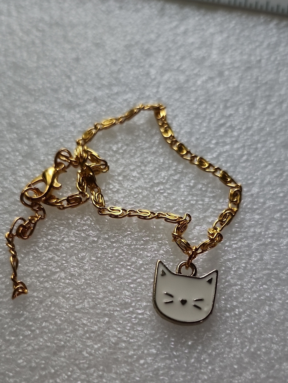 Hand Crafted Gold Bracelet/ Anklet with White Enamel Cat Charm